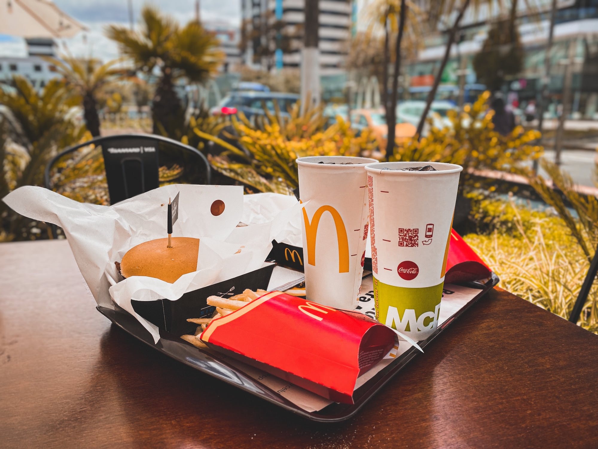 McDonald's hamburger and drinks on a tray